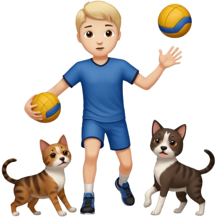 ragazzo basso  che gioca a pallamano circondato da cani e gattu emoji