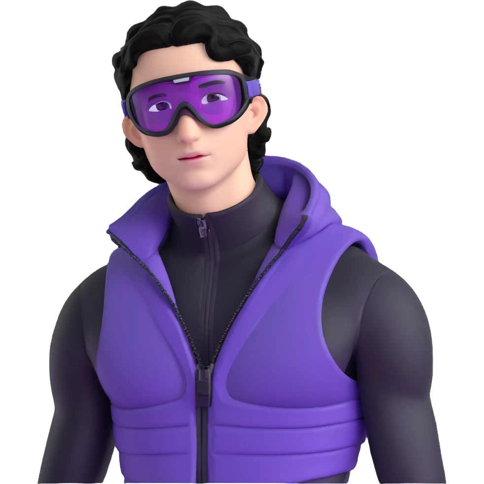 male athlete with white skin and moderately curly black hair on top with shaved sides, wearing ski goggles with purple frames and very dark black lenses, a simple plain black chain necklace, and a completely unzipped/wide open shiny purple vest fully revealing his chest and abs, no earrings emoji