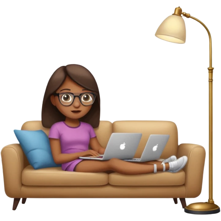 A girl is working with a laptop while lying on a sofa, with a floor lamp to the right. emoji
