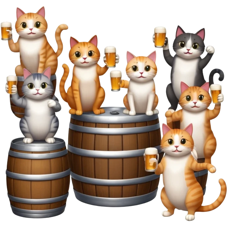 seven distinct cats standing around a beer keg, each cat drinking, all with goofy playful expressions emoji
