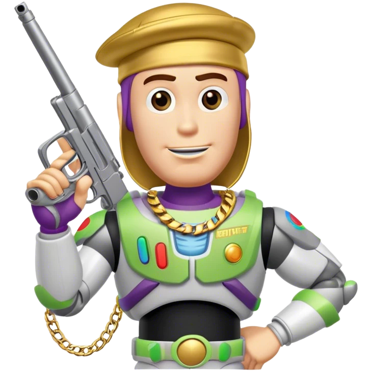 buzz lightyear with a gold chain, durag, and gun emoji