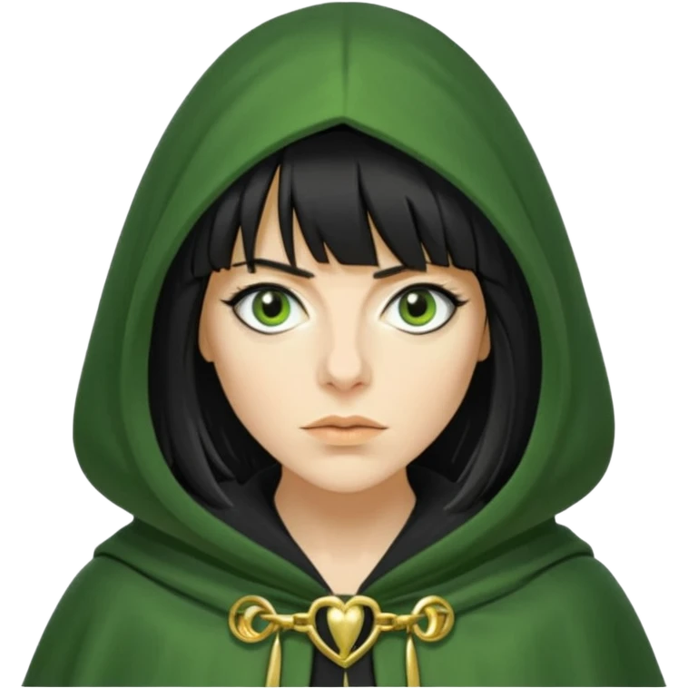 claudia winkleman with a heavy fringe as a traitor with a green hooded cloak with a gold clasp and dark black eyeliner emoji