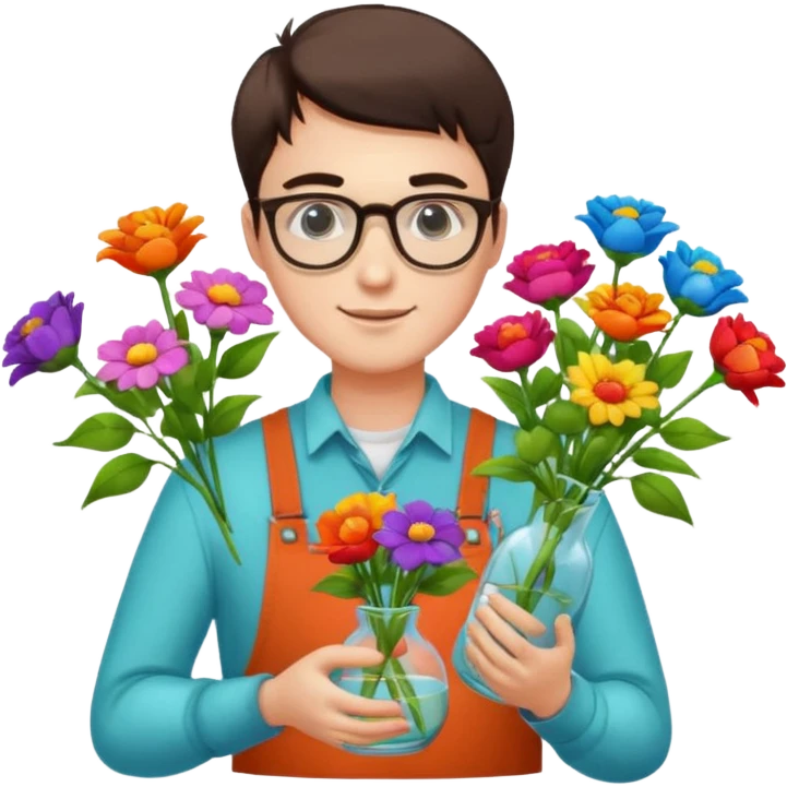 Young male florist – wearing glasses, arranging flowers in a vase. emoji