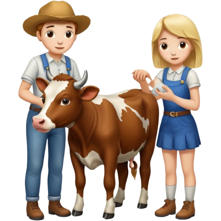 A boy and a girl petting a cow emoji