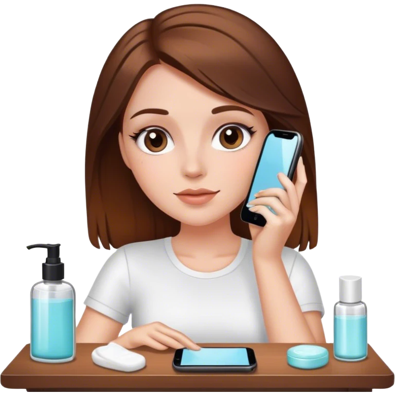Brown hair, white  girl glass skin skincare on using phone cai emoji