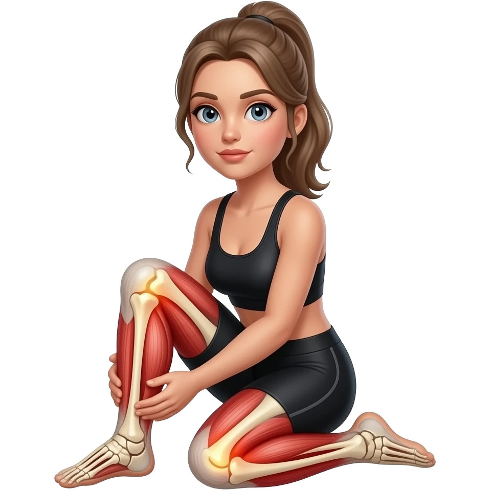 leg pain, anatomical highlight of both legs with leg bones and muscles visible, full red glow from hips to feet, woman holding one leg, fair-skinned woman, gray-blue eyes, ash brown brows, ash light brown hair tied back, slim athletic body, black workout set emoji