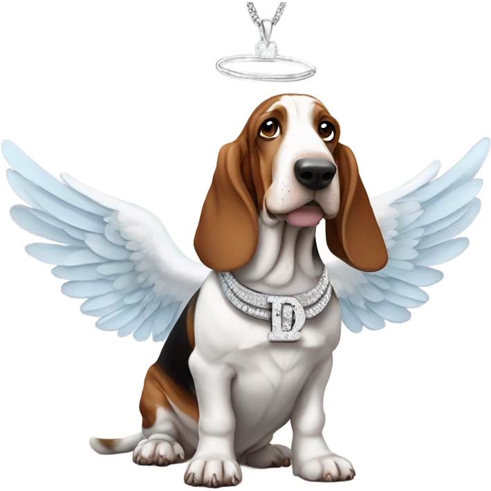 Elderly Basset hound with angel wings, wearing a large letter D bling necklace sat in a mead emoji