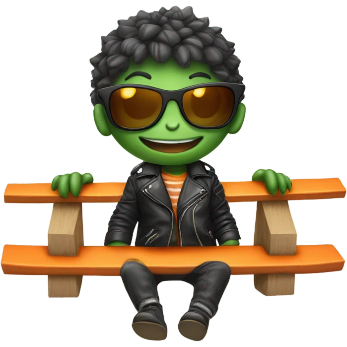 A close up of a baby crocodile on a seesaw wearing a black leather jacket and orange sunglasses  emoji