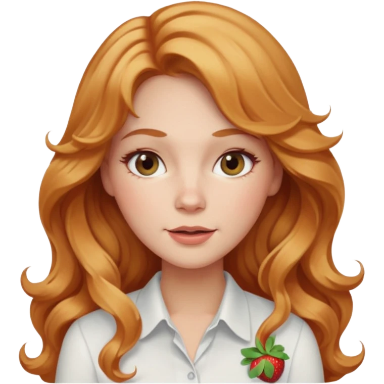 white adult woman with strawberry blonde super long wavy hair, white shirt, blushed cheeks emoji