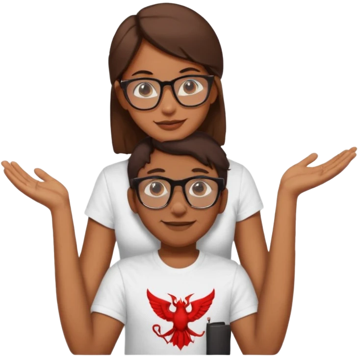 A light brown girl with nerdy glasses with white t-shirt sitting on a shoulder of a standing man with brown skin and t-shirt written Lucifer emoji