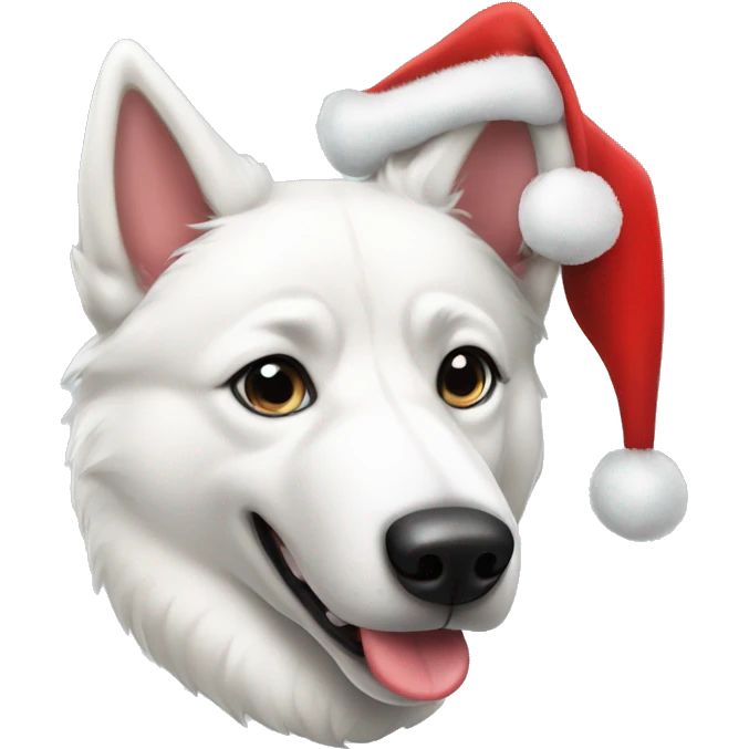 White Australian Husky wearing santa hat emoji