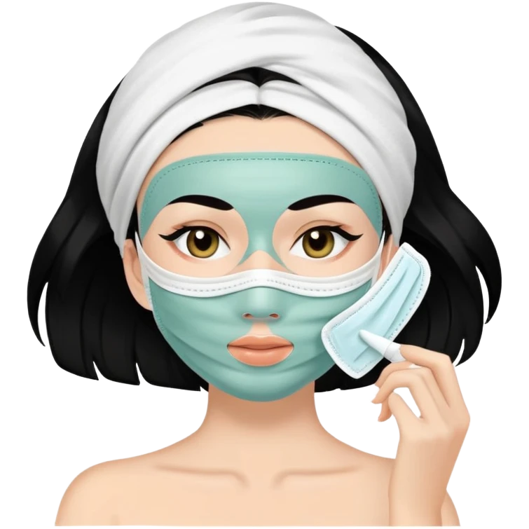 white girl with black hair doing self care, face mask, relaxing emoji
