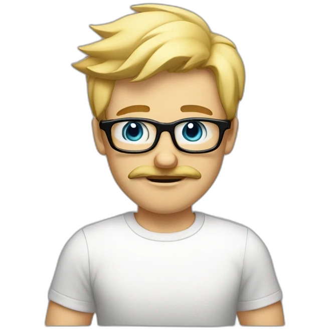 blond guy, with a mustache, wearing a black square-shaped eye glasses frame, basic t-shirt, gesturing with arms "he doesn't" emoji