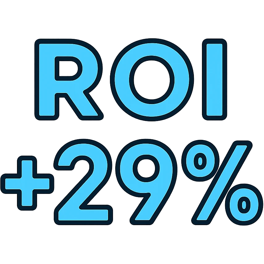 text 'ROI +29%' in bold font, bright cyan blue color, lineal color icon style with black outlines emoji