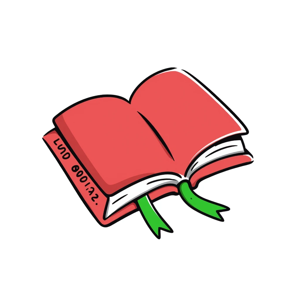 open red hardcover book with green ribbon bookmark emoji