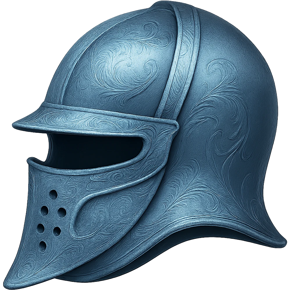 Recolor this helmet to match the blueish-gray steel color and ornate engravings of the reference helmet. Emphasize the cool metallic finish and detailed engravings, matching the helmet exactly. Transparent background. emoji