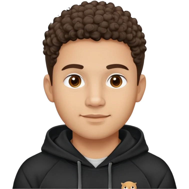 Latino man with light brown warm skin, round face, full cheeks, soft jaw, slight friendly smile, very short fade haircut, curly on top, medium eyebrows, medium eyes, straight nose, medium lips, black hoodie with white logo, practical and hardworking vibe emoji