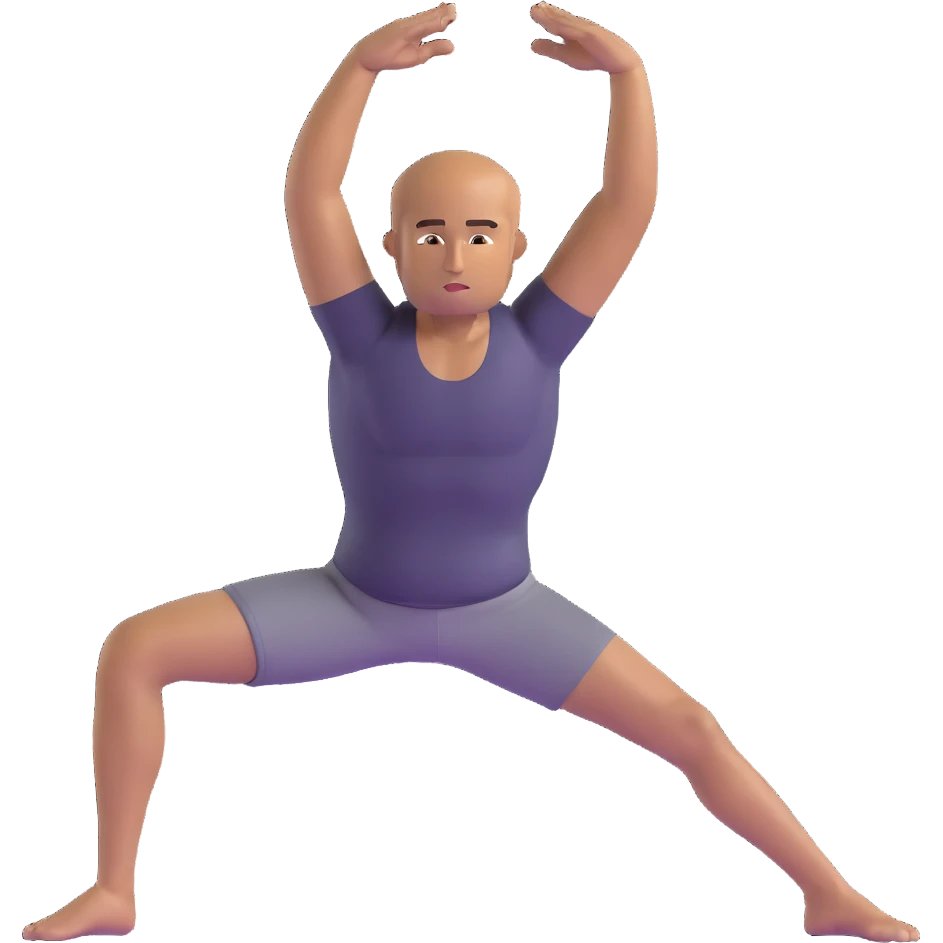 man doing warrior pose yoga with arms stretched out, legs in lunge position emoji