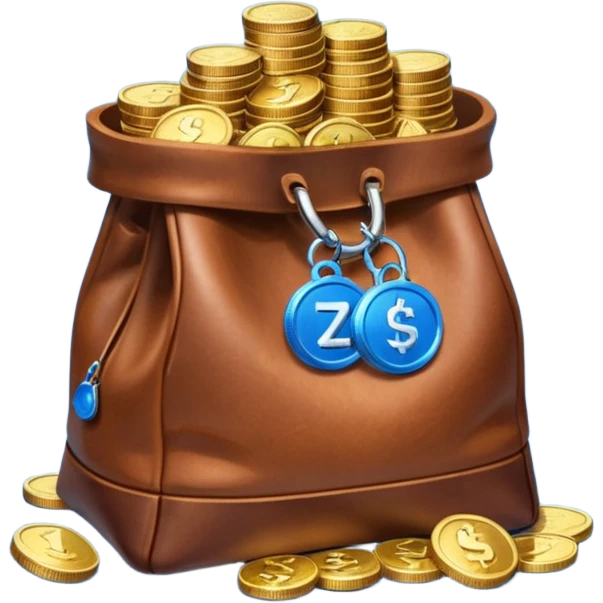 leather bag on top of blue coins stack emoji