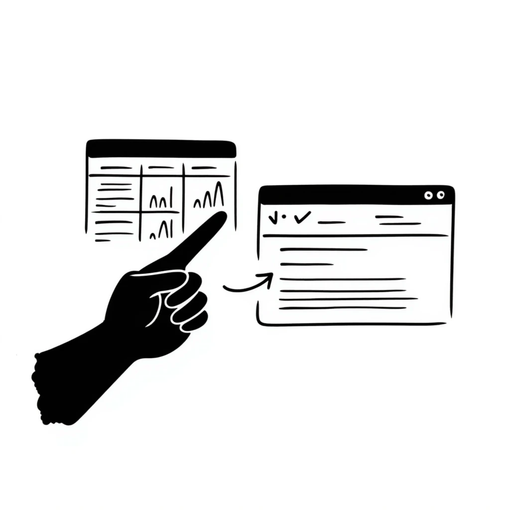 hand drawn pointing down with an Excel spreadsheet emoji