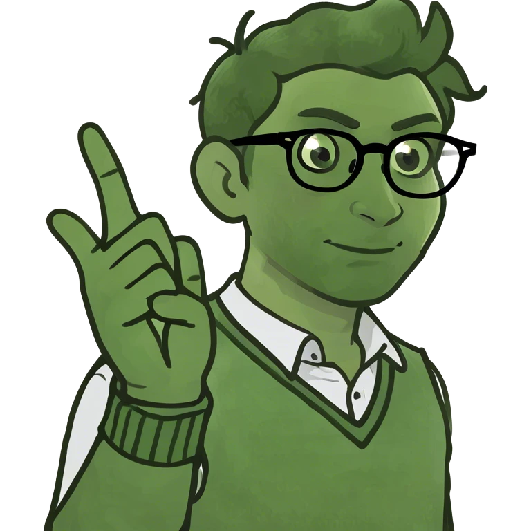 A man with nerdy glasses and a sweater vest holding up one finger emoji