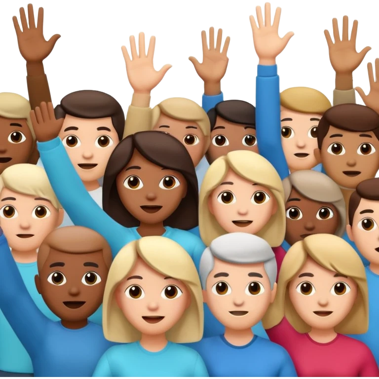 A 3D cartoon crowd raising hands in a concert-like protest, yellow backlight, energetic mood, Memoji-style. emoji