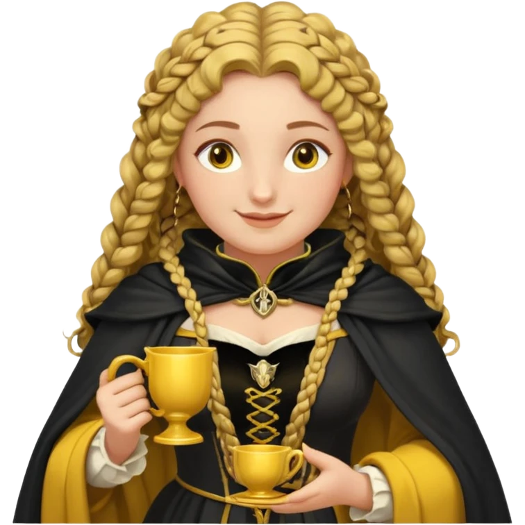 Helga Hufflepuff, 2 curly thick brown braids, yellow-black medieval dress, black cloak decorated with gold braiding, tiny two-handled shiny yellow-gold cup, very kind smile, curvy busty sweet woman, thick rosy cheeks emoji