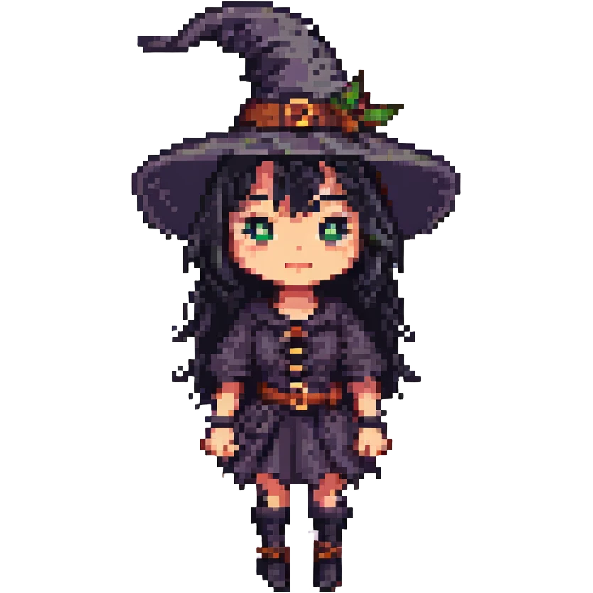 A cute witch with black hair and black eyes, pixel art style, facing right. emoji