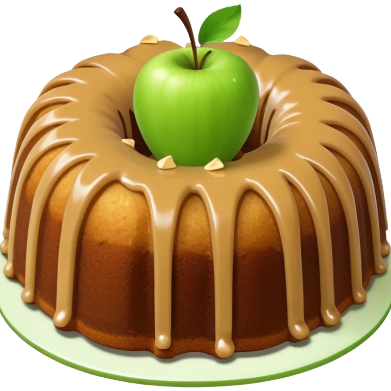 Bundt cake with sliced green apple pieces and tan sauce on top of the cake emoji