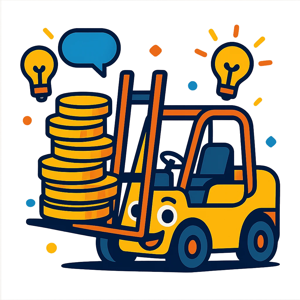 cartoon vibrant style emoji showing a forklift carrying a stack of gold coins, surrounded by speech bubbles and light bulbs, with a smiling face on the forklift emoji
