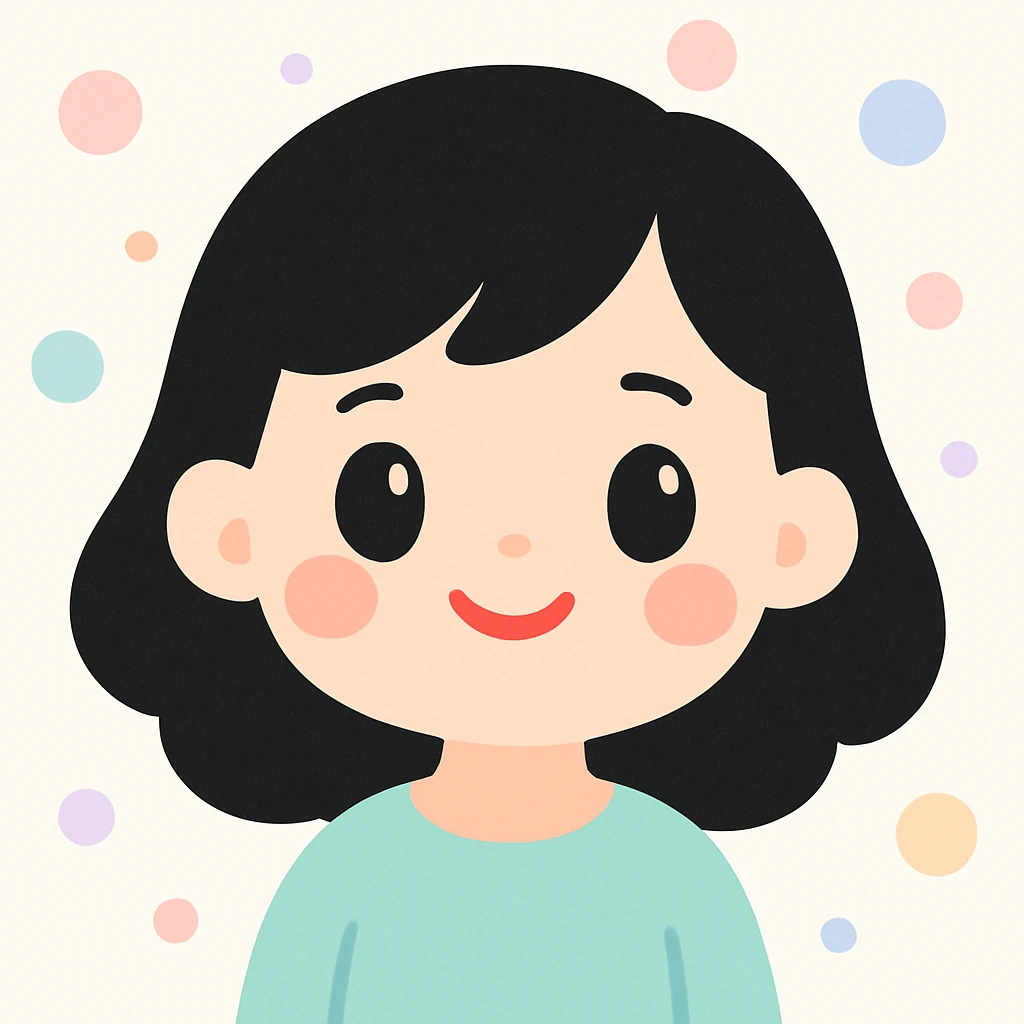 cute cartoon style girl with black hair, black eyes, and red lipstick emoji