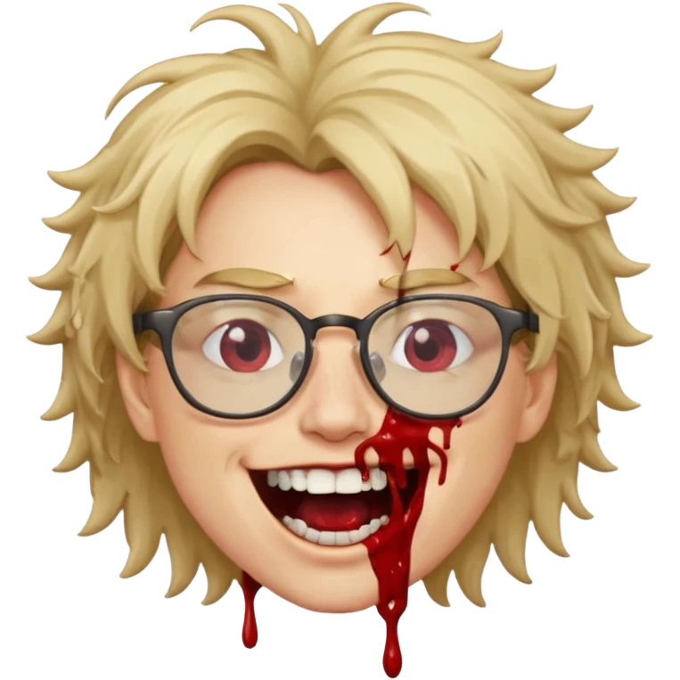 Cabelo bagunçado com oculos sorrindo com metade do rosto com dente de ouro e saindo sangue da boca  emoji