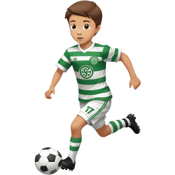 Brown hair 6 years old white boy footballer RUNNING playing soccer wearing CELTIC  UNIFORM  has white stripes  # 17 in the jersey the celtic football club logo  emoji