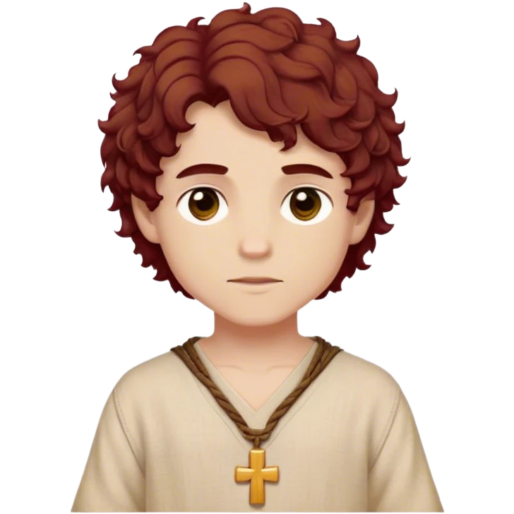 Medieval spring outfit worn by a DnD themed fantasy male character. Warm beige linen tunic with burgundy cross-stitching at the shoulders, tied with a soft suede cord. Clothes only above the waist, full waist coverage. The character has no arms. Character is white-skinned with rich mahogany hair, golden hazel eyes, and short curly hair with defined spirals. emoji