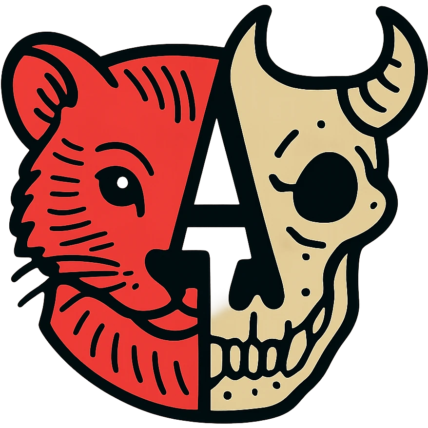 a red icon with minimal overall elements but high-detail line art, showing left half of stoat face with intricate fur lines and right half of minotaur skull with detailed bone texture and broken horn, letter A formed by negative space in the middle, plenty of empty space but the lines that exist are precise and detailed emoji