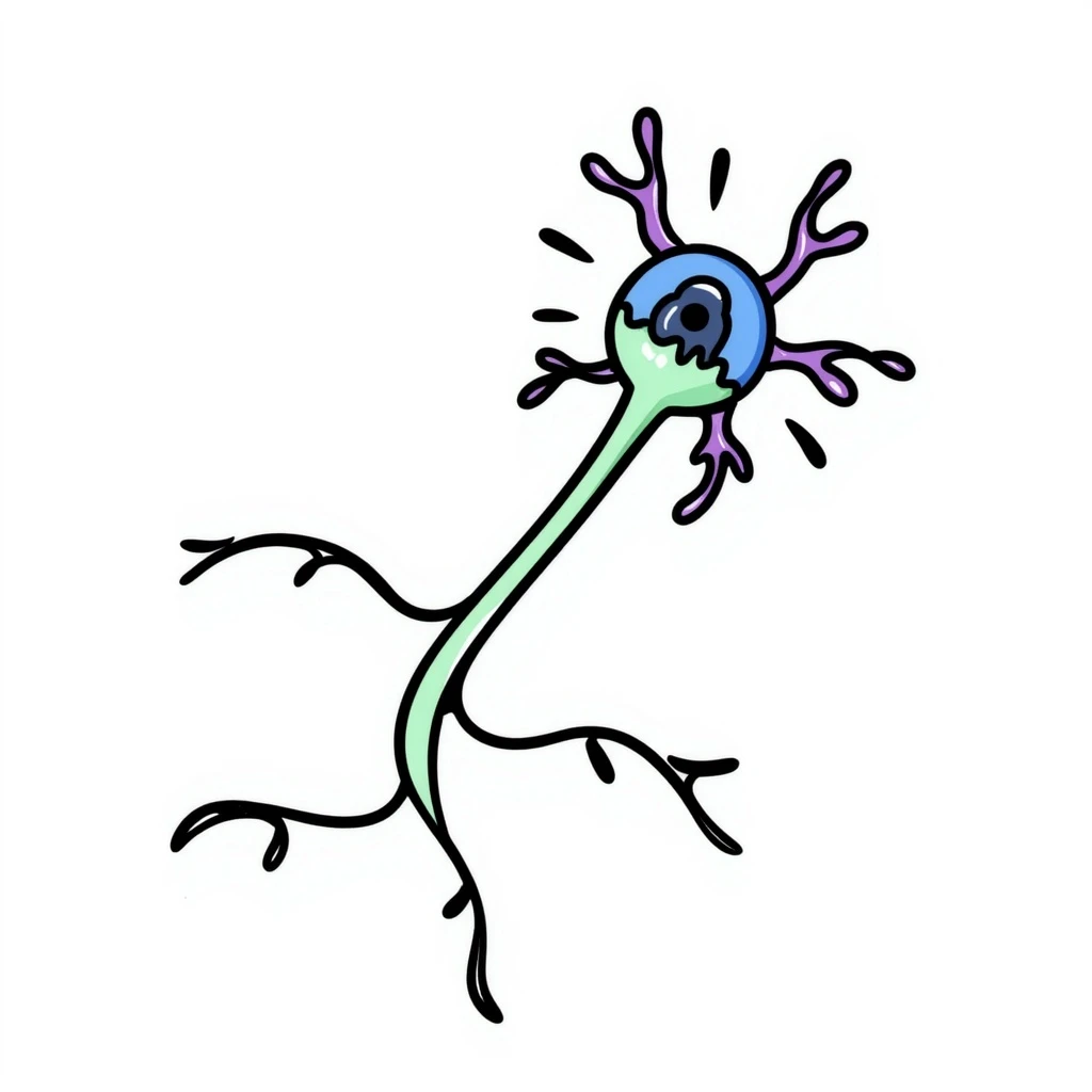 detailed hand-drawn neuron diagram with blue cell body, purple dendrites, green axon with myelin sheath, glowing shield aura around the neuron, scientific doodle style emoji