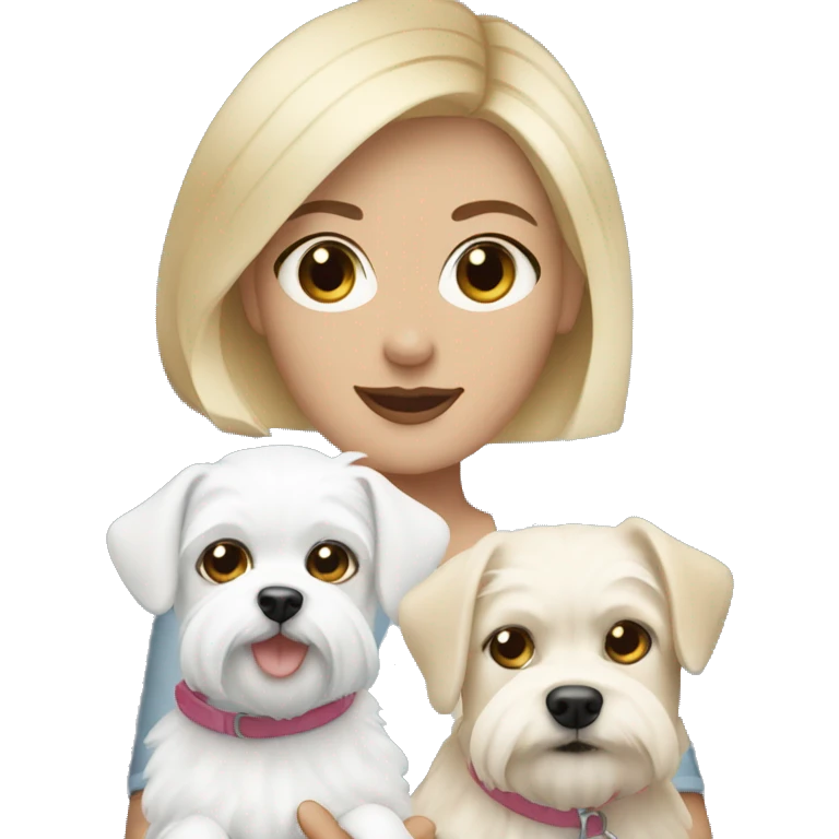 Blonde woman short hair with blue eyes holding two Maltese dogs emoji