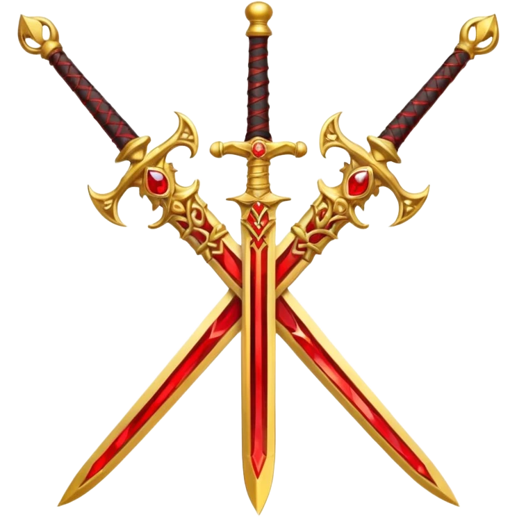 Two crossed swords that are golden in blade and handle and have fiery and royal appearence to them as well as red gem stones yellow in color emoji