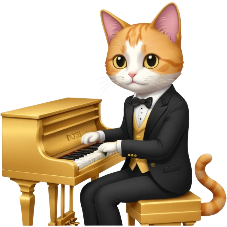 calico cat play gold piano, wear black suit, portrait emoji