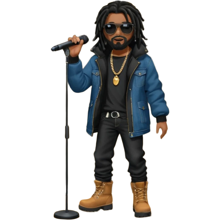 African American man with shoulder length black dreadlocks with black beard wearing dark black sunglasses wearing a black bubble coat wearing denim skinny jeans and timberland boots rapping into a microphone on stage emoji