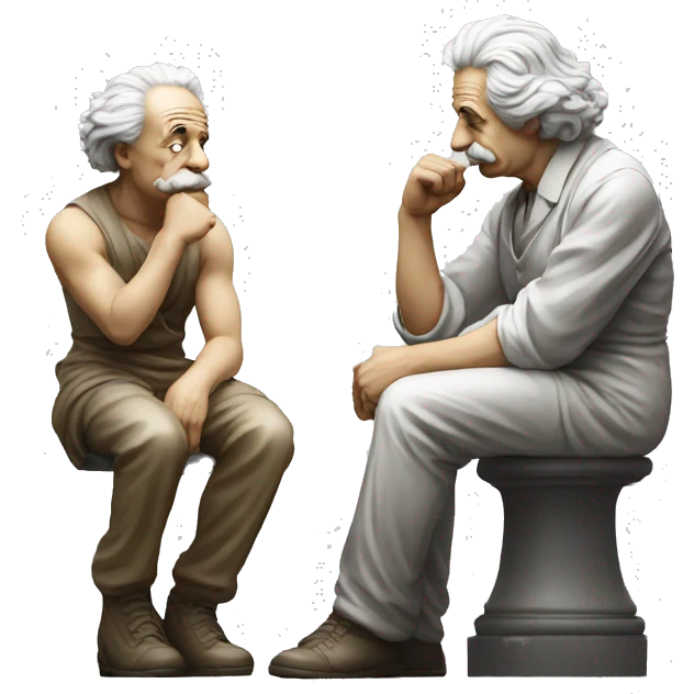 sitting philosopher-statue as albert einstein and thinking lean on fist emoji