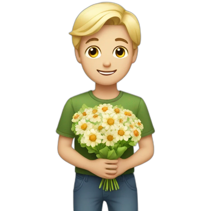 A boy who offers a bouquet of flowers to a pretty blonde emoji