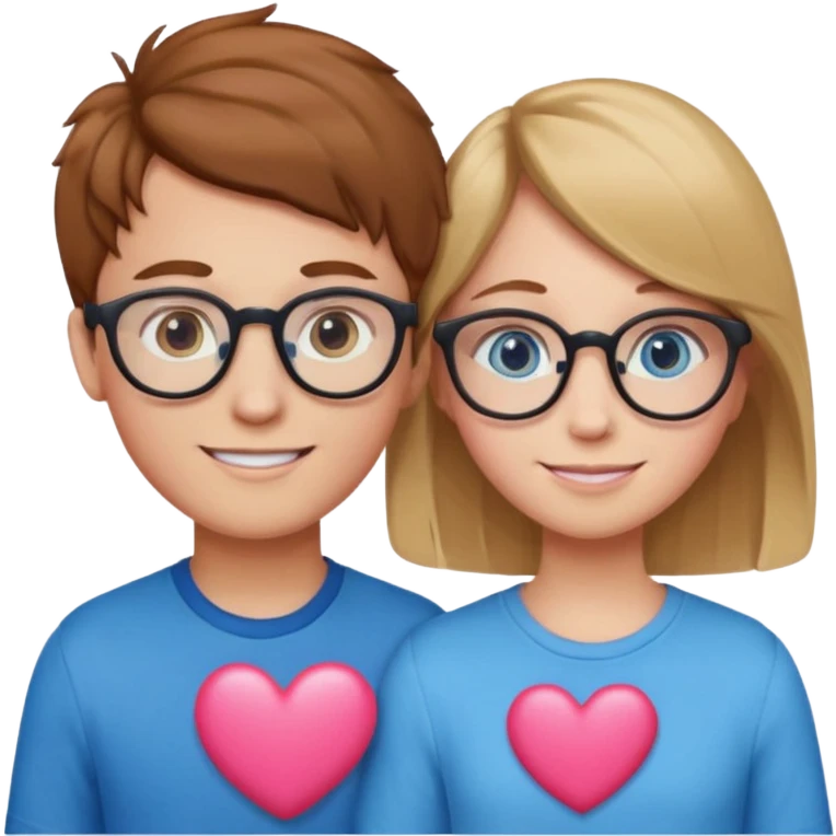 two young lovers, a pink heart in the middle, boy with chestnut hair and glasses, girl blonde with blue eyes without glasses, emoji style emoji