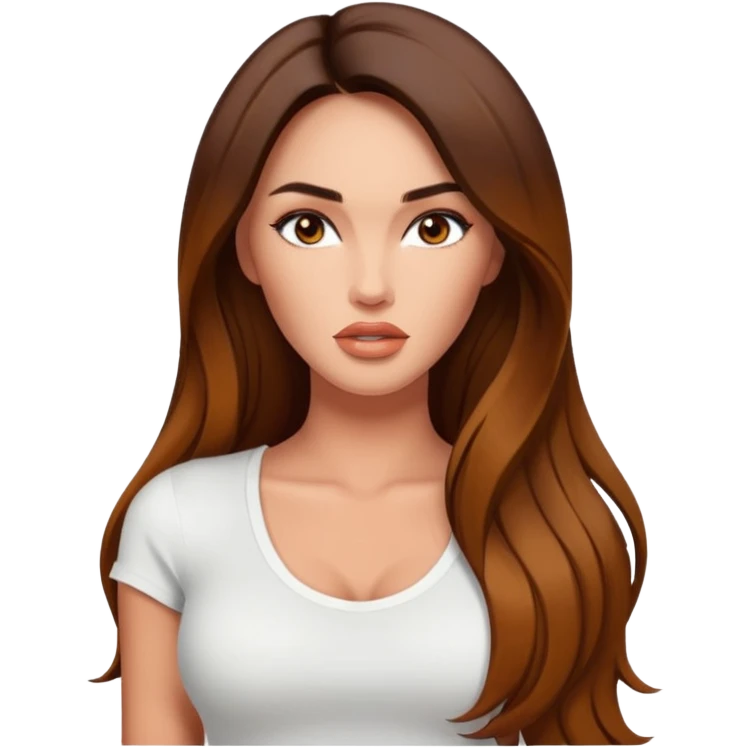 Megan fox, fashion model Beautiful woman model adult   large breasts  with monolid narrow eyes tan Carmel  skin, full lips  long hair model white  top   emoji