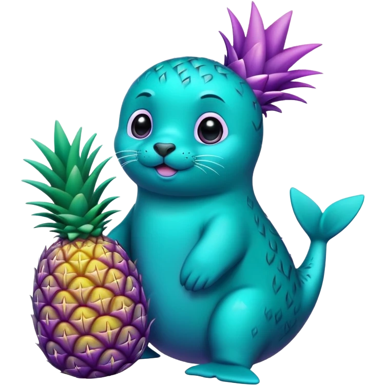 seal that is teal and holding a pineapple that is purple emoji