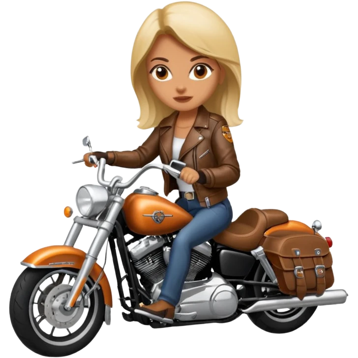 A woman wearing leather riding a Harley Davidson emoji