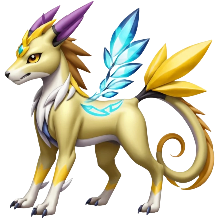 Colorful Meloetta-Manectric-Solgaleo-Raikou-Wargreymon-Pokémon-Digimon-Fakémon-fusion-hybrid-creature emoji