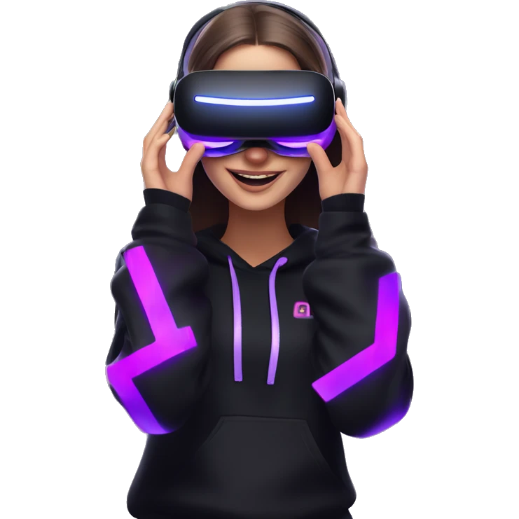 Russian girl wearing black hoody with violet letters "OMG", in vr headset oculus quest2. Dancing. Cyberpunk style. Violet neon. emoji