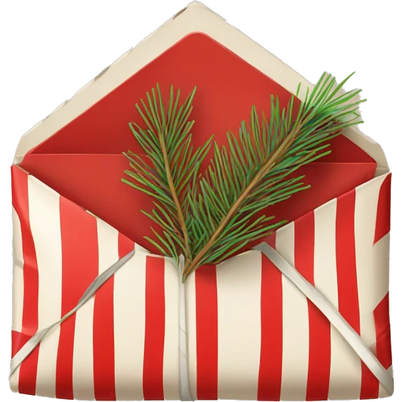 Red and white striped envelope, wrapped in twine with pine needle underneath bow  emoji
