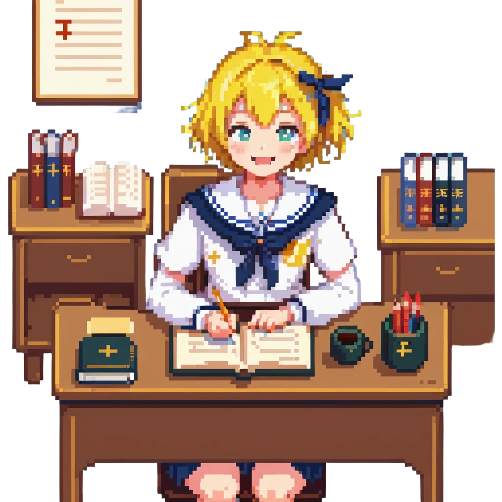 Pixel art anime girl with short bright yellow hair wearing Japanese sailor style school uniform, sitting at desk reading book but with excited smile, energetic studying pose emoji